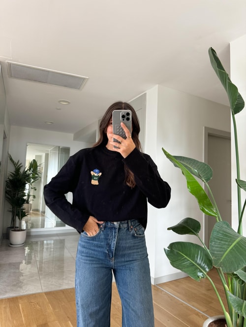 Qu Teddy Nakışlı Basic Bluz-Siyah