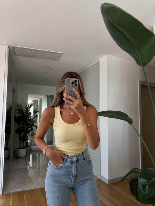 Qu U Yaka Taşlı Atlet -  Sarı 