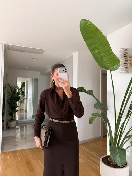 Reneta Vatkalı Basic Poplin Gömlek - Kahve