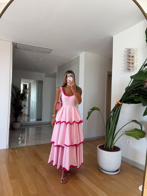 Renkli Biyeli Kat Kat Elbise - Pembe