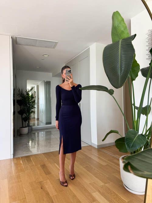 Rio Yandan Yırtmaçlı Midi Boy Etek - Lacivert