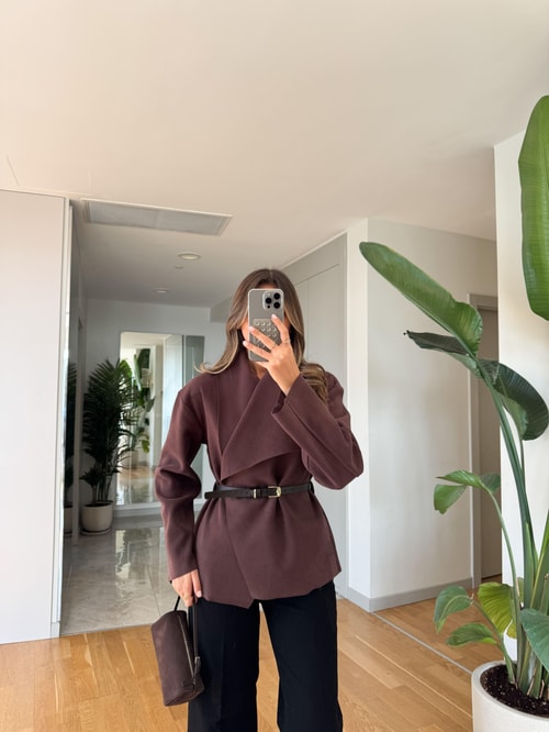 Şal Yaka Kemerli Ceket - Cherry