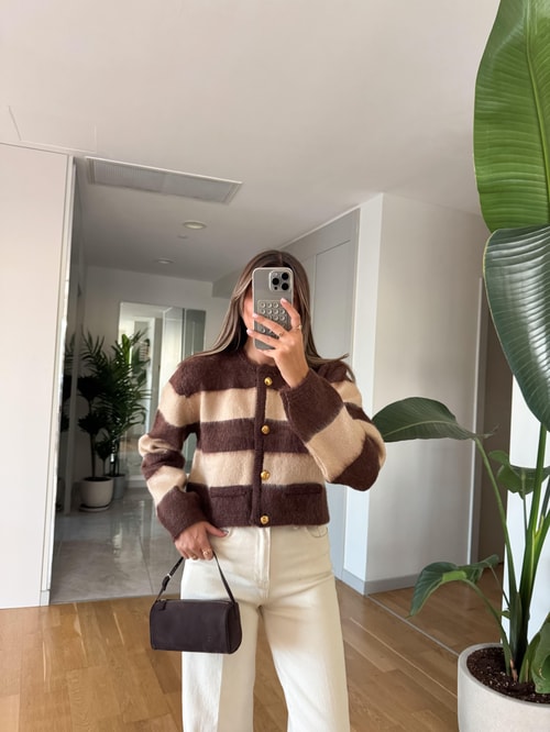 Şardonlu Gold Düğmeli Çizgili Hırka - Kahve