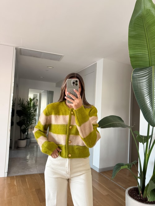 Şardonlu Gold Düğmeli Çizgili Hırka - Yeşil