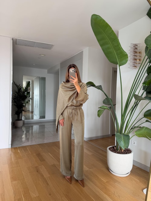 Saten Şallı Bluz Pantolon Takım - Çağla Yeşili