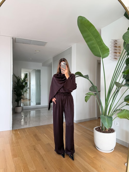 Saten Şallı Bluz Pantolon Takım - Mürdüm