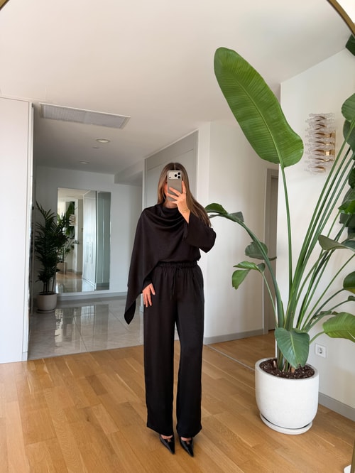 Saten Şallı Bluz Pantolon Takım - Siyah