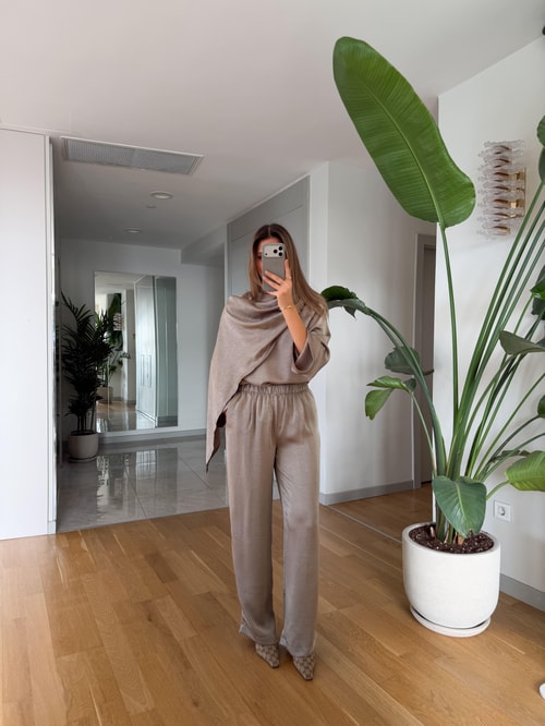 Saten Şallı Bluz Pantolon Takım - Vizon