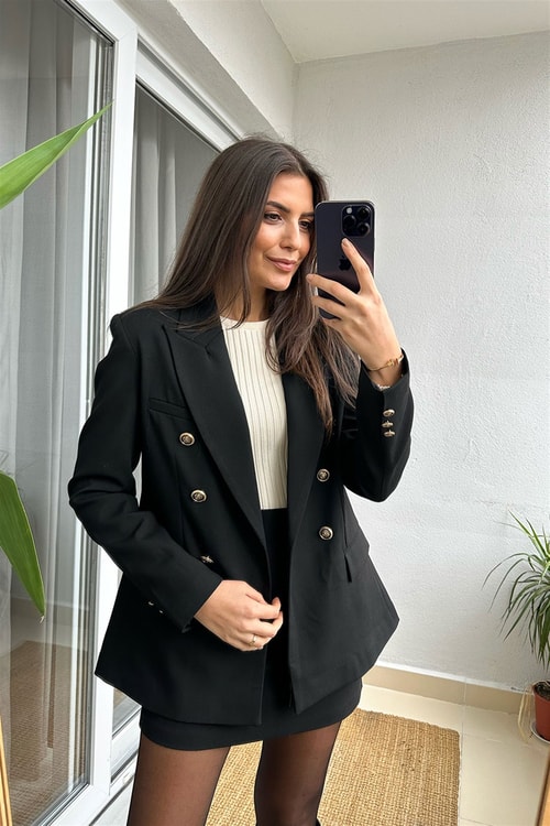 Siyah Kruvaze Gold Düğmeli Blazer Ceket
