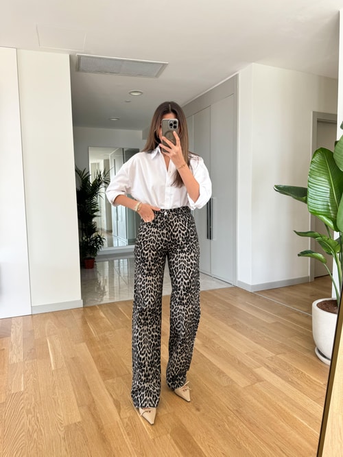 Siyah Vizon Leopar Desenli Jean