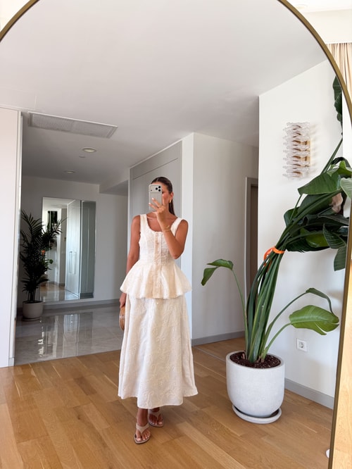 Sophia Dantelli Bluz Etek Takım - Bej