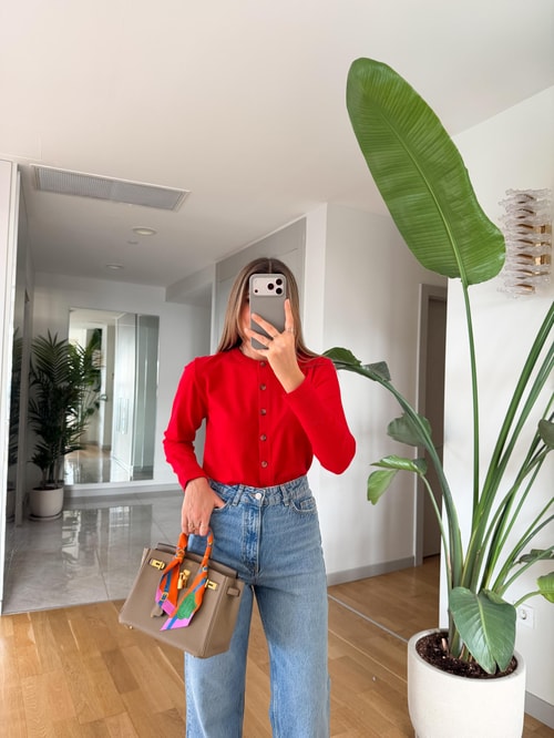 Swite Bisiklet Yaka Düğmeli Triko Hırka - Kırmızı