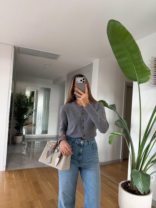 Swite Bisiklet Yaka Düğmeli Triko Hırka - Gri