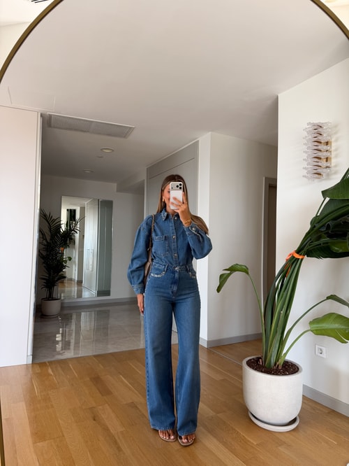 Taş İşlemeli Gömlek Pantolon Denim Takım