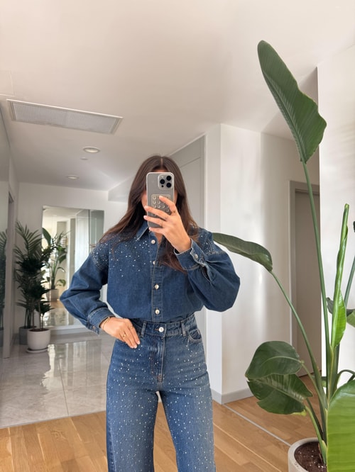 Taşlı Denim Gömlek