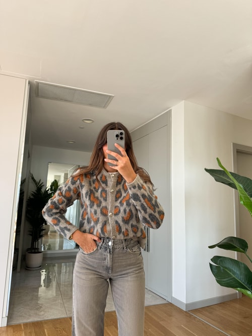 Turuncu Gri Leopar Desen Şardonlu Hırka