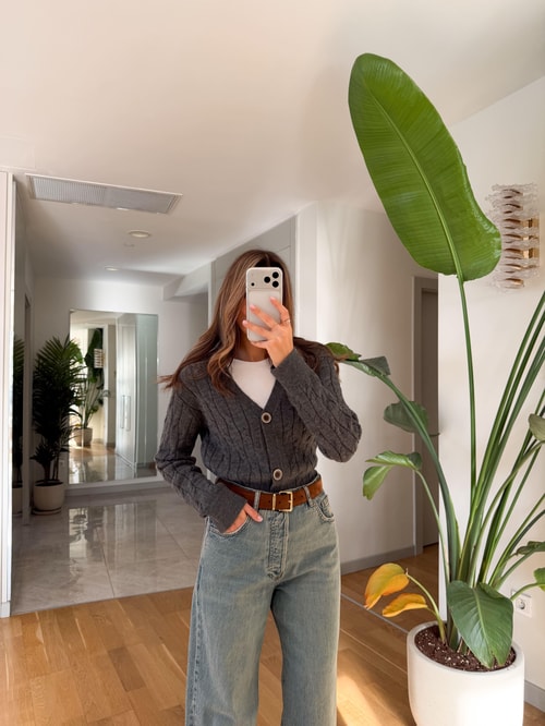 V Yaka Saç Örgülü Hırka - Antrasit 