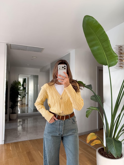 V Yaka Saç Örgülü Hırka - Sarı 