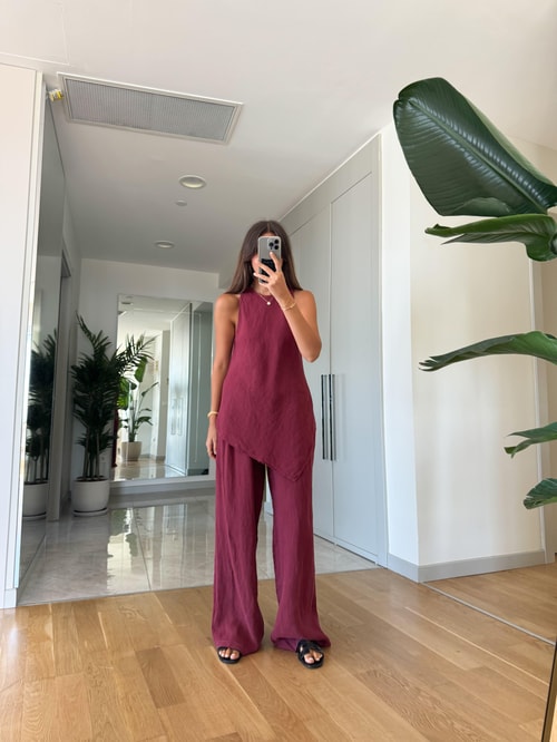 Verev Kesim Bluzlu Pantolon Keten Takım-Bordo