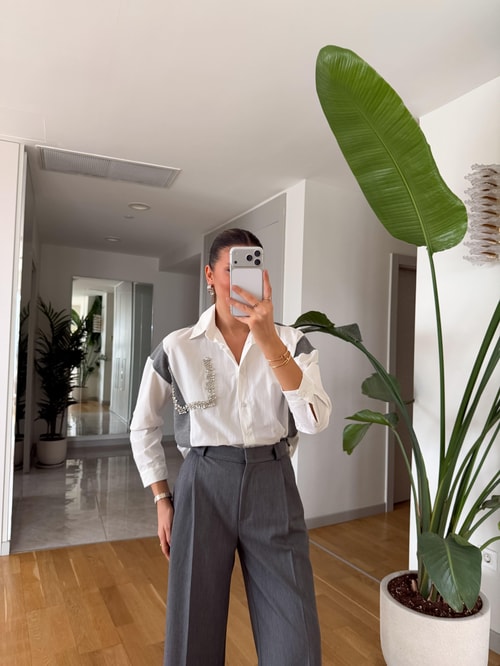 Wheaton Taşlı Triko Detaylı Gömlek - Ekru