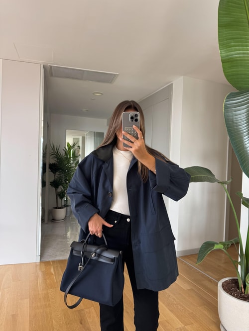 Yakası Deri Detaylı Oversize Trençkot - Lacivert