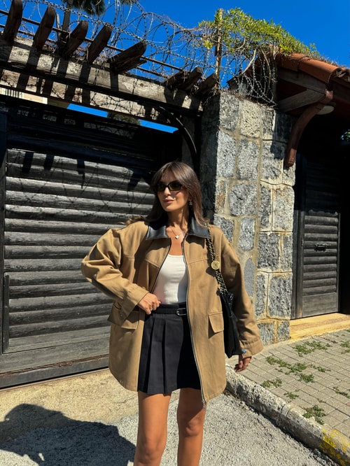 Yakası Deri Detaylı Parka- Camel