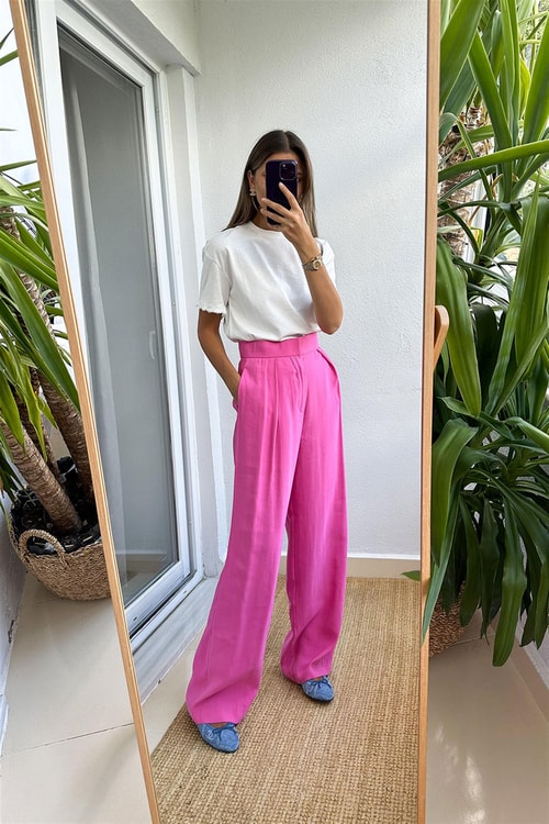 Zr Pembe Tensel Palazzo Pantolon