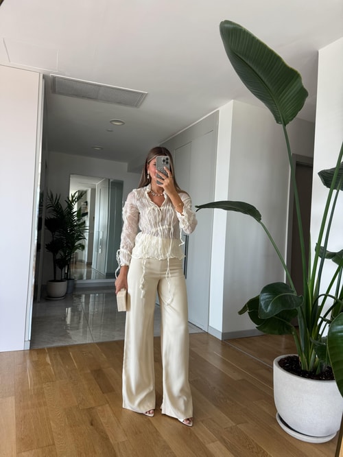 Zr Saten Dokulu Palazzo Pantolon - Ekru