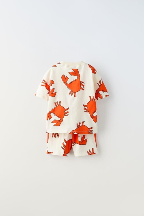 Erkek Çocuk Pamuklu Ekru Yengeç Desenli T-Shirt Şort Takım