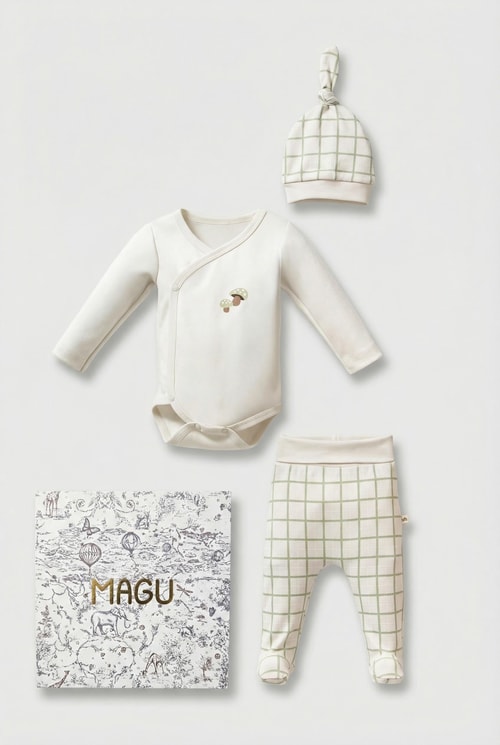 Unisex Bebek Pamuklu Ekru Yeşil Ekose Desenli 3lü Set - Kruvaze Body, Patikli Pantolon ve Şapka