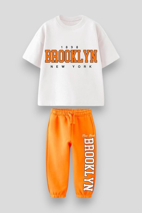 Erkek Çocuk Pamuklu Turuncu Brooklyn Yazılı Eşofman Takımı - Şehir Temalı Spor Kombin