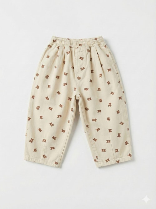 Unisex Çocuk Pamuklu Bej Ayıcık Desenli Düğmeli Cepli Yelek Pantolon Takım