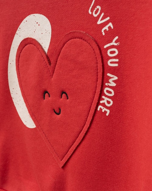 Çocuk Pamuklu Kalp Detaylı Kırmızı Sweatshirt ve Kalp Desenli Eşofman Takımı