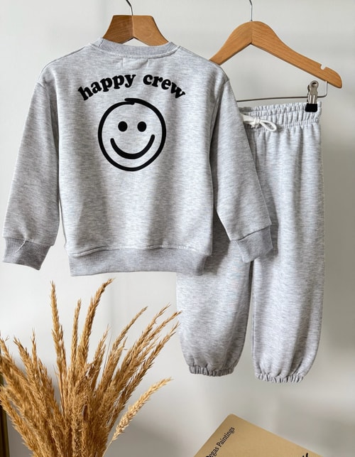 Çocuk Pamuklu Baskılı Gri Sweatshirt ve Eşofman Altı Takımı