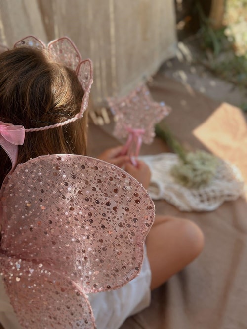 Pembe Simli Kanat Taç ve Asa Çocuk Peri Aksesuar Seti
