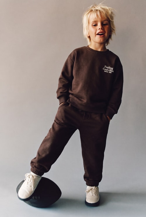 Çocuk Cool Vibes Baskılı Kahverengi Sweatshirt ve Eşofman Altı Takımı