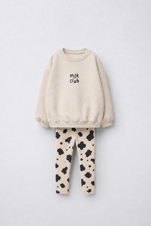 Kız Çocuk Pamuklu Milk Club Baskılı Ekru Sweatshirt ve Desenli Tayt Takımı