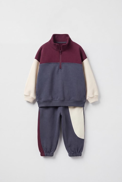 Çocuk Pamuklu Fermuarlı Renk Bloklu Sweatshirt ve Eşofman Altı Takımı