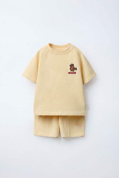 Unisex Çocuk Pamuklu Açık Sarı Nakışlı T-Shirt Şort Takım