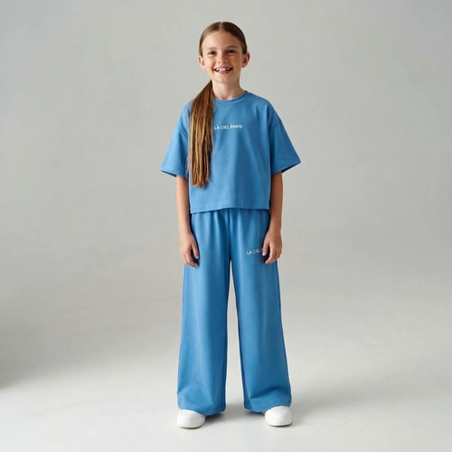 Kız Çocuk Pamuklu Mavi Baskılı T-Shirt Pantolon Takım - Bol Kesim Rahat Set