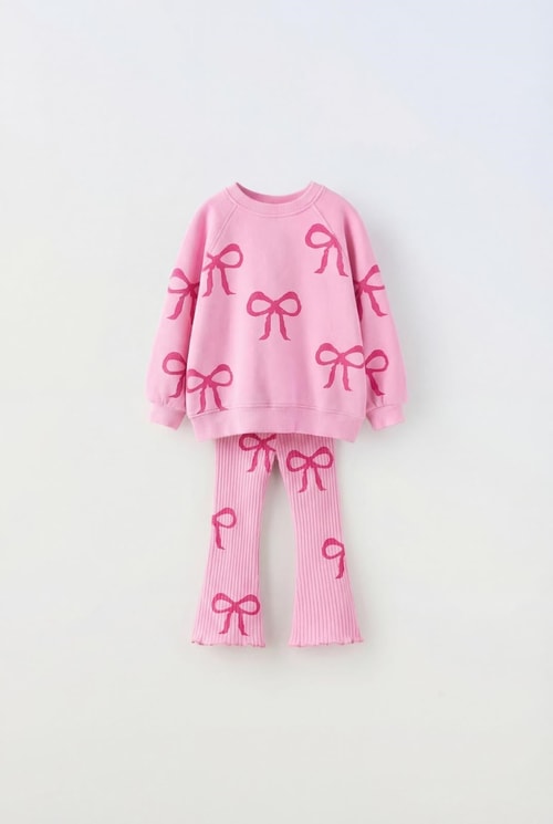 Kız Çocuk Fiyonk Desenli Pembe Sweatshirt ve İspanyol Paça Tayt Takımı