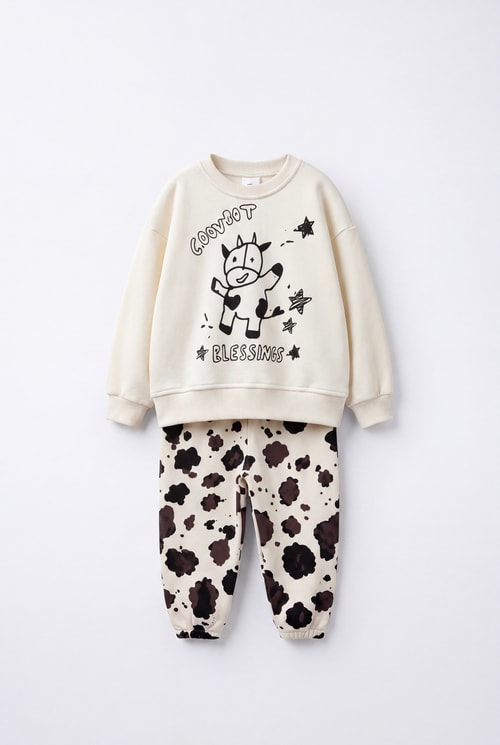 Çocuk İnek Baskılı Ekru Sweatshirt ve Desenli Eşofman Altı Takımı