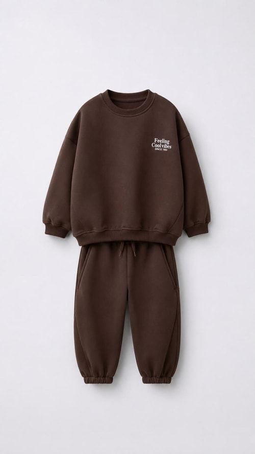Çocuk Cool Vibes Baskılı Kahverengi Sweatshirt ve Eşofman Altı Takımı