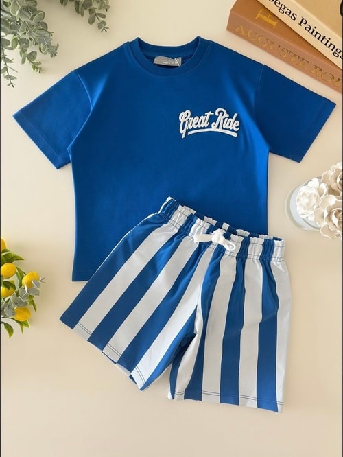 Erkek Çocuk Pamuklu Baskılı T-shirt Çizgili Şort Takım