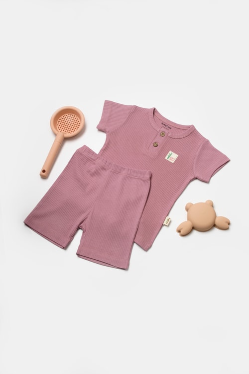 Kız Bebek Pamuklu  Ribana Düğmeli T-shirt ve Şort Takım
