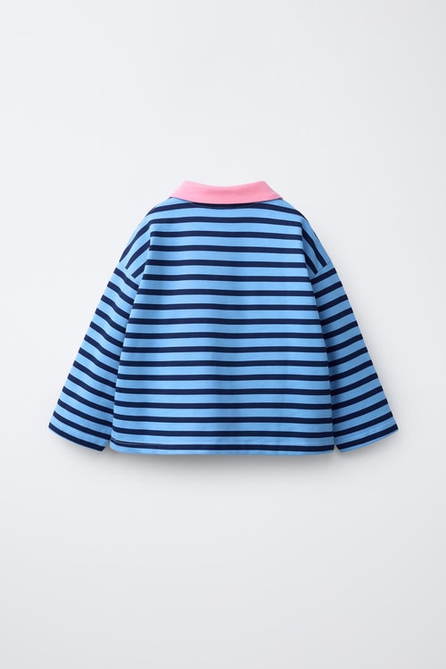 Kız Çocuk Pamuklu Polo Yaka Mavi Çizgili Sweatshirt