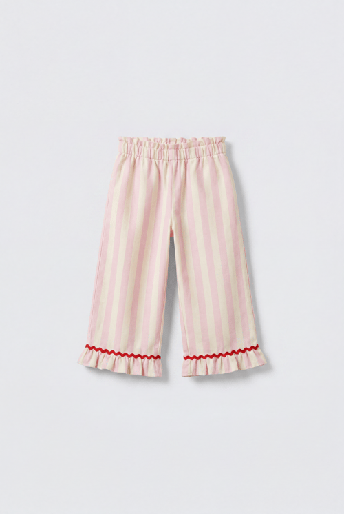 Kız Çocuk Pembe Çizgili Fırfır Paça Pantolon