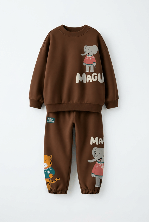 Çocuk Magu and Milo Kahverengi Sweatshirt ve Eşofman Altı Takımı