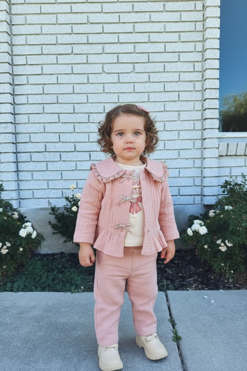 Kız Bebek Pamuklu Pudra Yakalı Müslin 3lü Takım - Ceket Tişört Pantolon