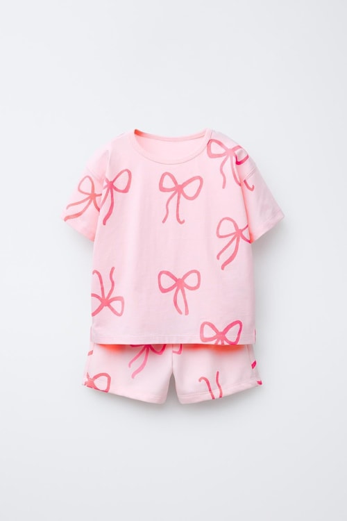 Kız Çocuk Pamuklu Pembe Fiyonk Desenli T-Shirt Şort Takım